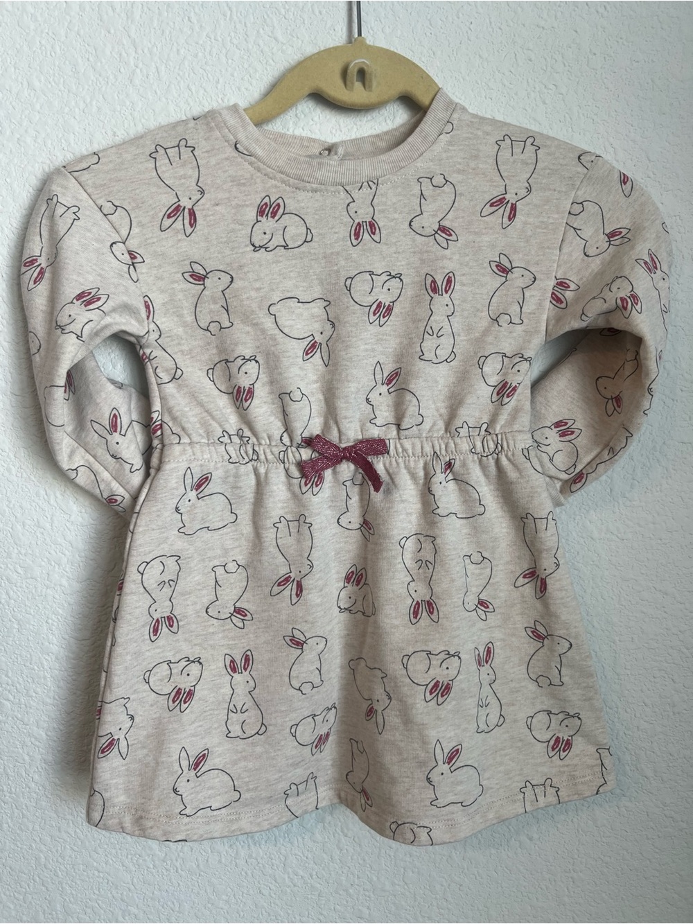 Girls Beige Bunny Print Long-Sleeve Shirt with Pink Bow